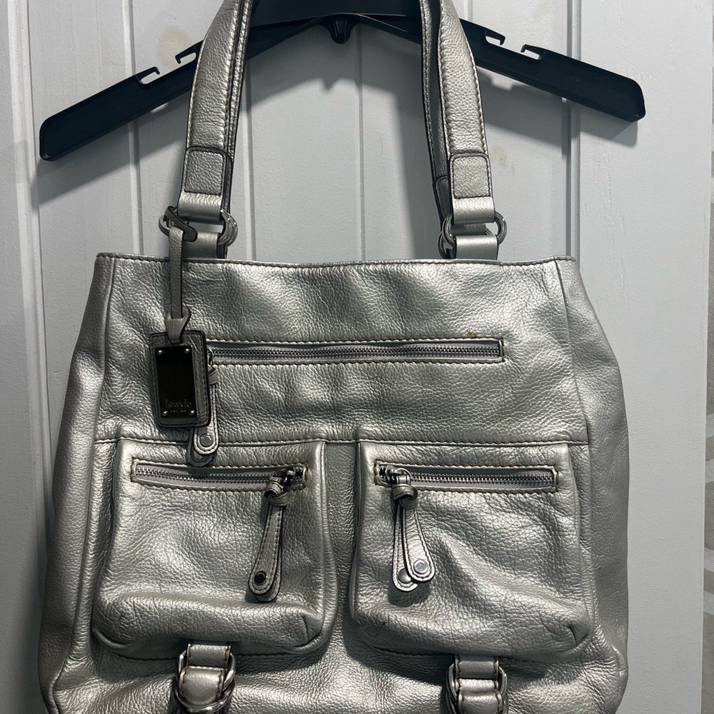 Tignanello Silver Shoulder Bag with Adjustable Straps and Structured Design